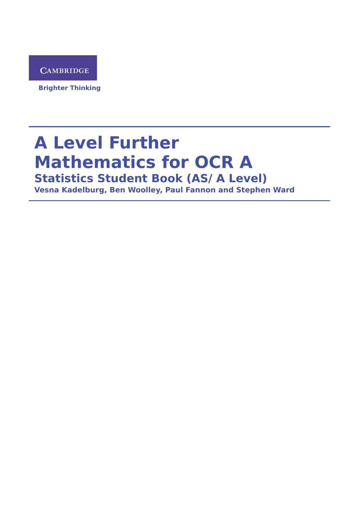 Cambridge International AS & A Level Further Mathematics: Further Probability & Statistics Student Book Cover